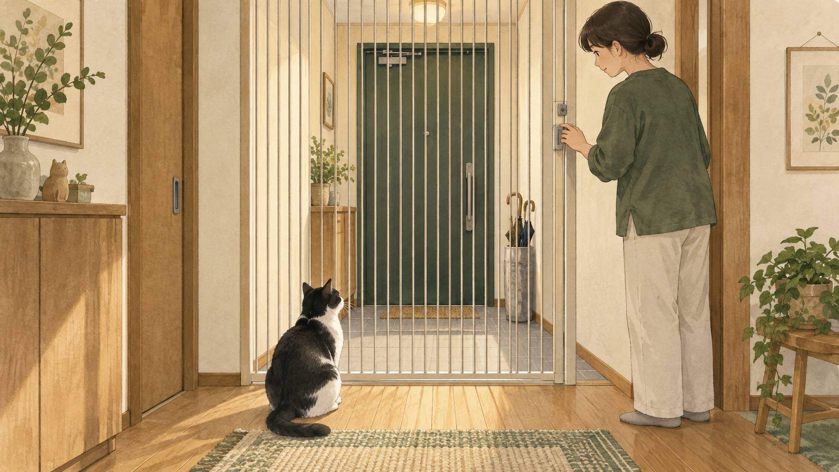 生成イラスト：外の扉を開ける前に、猫と玄関の間を閉じて区切る。