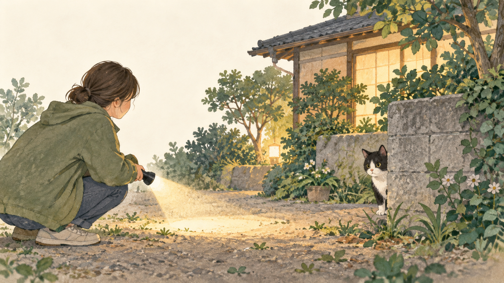 猫と距離を保ち、地面を照らす人のイラスト